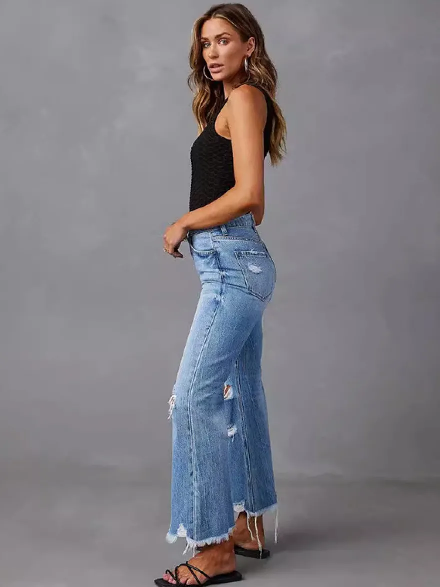 Jean large délavé pour femme - Pantalon en denim bleu clair taille haute ourlet brut coupe décontractée - Style streetwear décontracté printemps 2026
