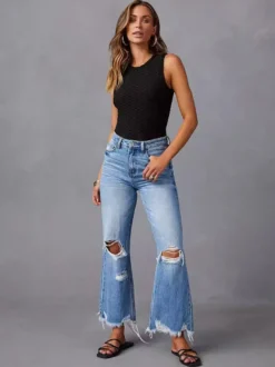 Jean large délavé pour femme - Pantalon en denim bleu clair taille haute ourlet brut coupe décontractée - Style streetwear décontracté printemps 2026