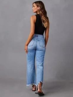 Jean large délavé pour femme - Pantalon en denim bleu clair taille haute ourlet brut coupe décontractée - Style streetwear décontracté printemps 2026