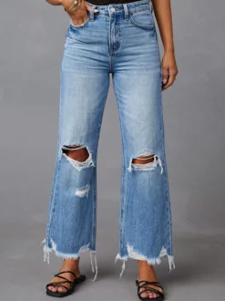 Jean large délavé pour femme - Pantalon en denim bleu clair taille haute ourlet brut coupe décontractée - Style streetwear décontracté printemps 2026