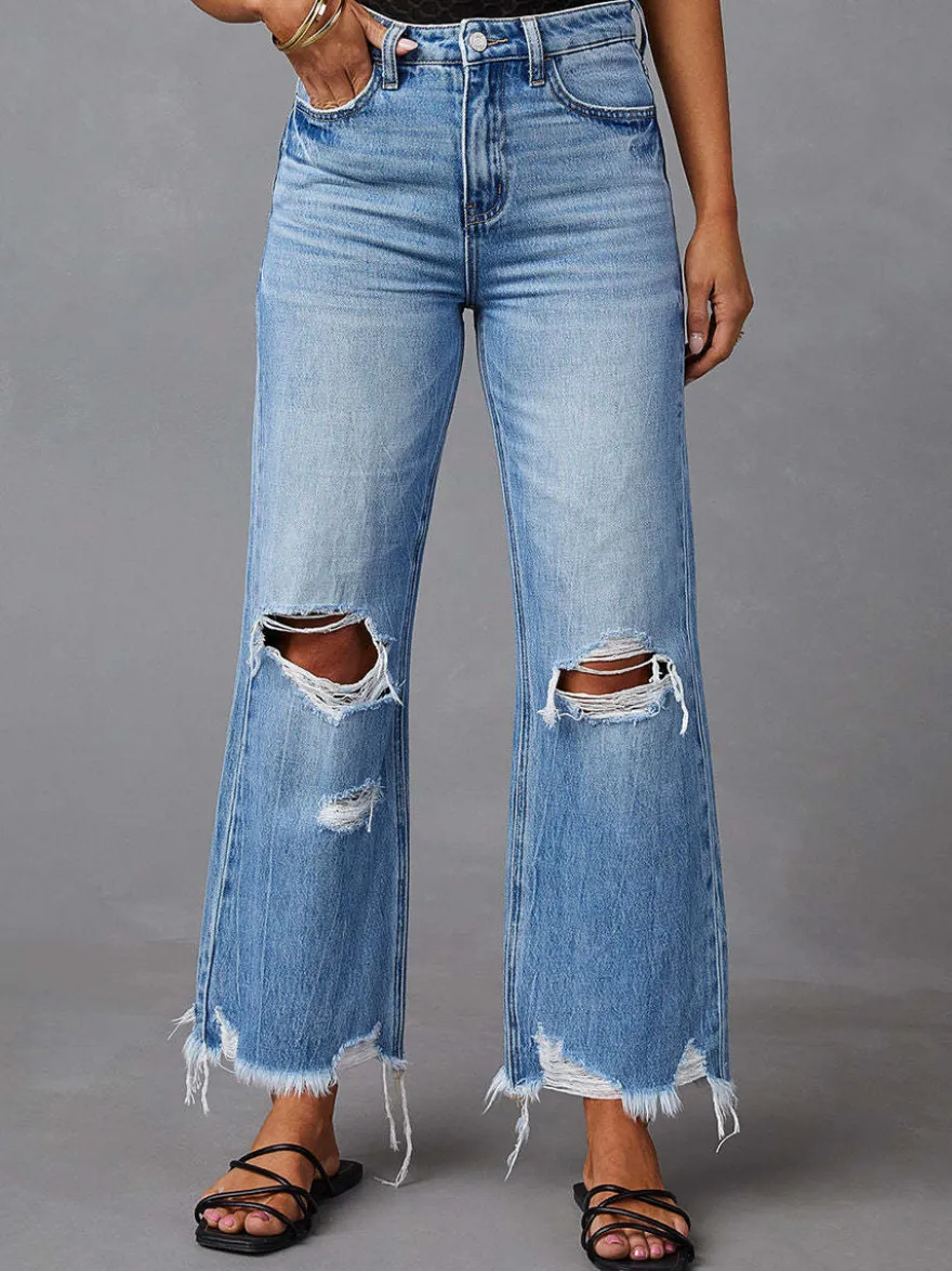 Jean large délavé pour femme - Pantalon en denim bleu clair taille haute ourlet brut coupe décontractée - Style streetwear décontracté printemps 2026