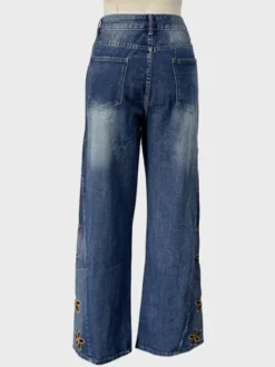 Jean large à fleurs découpées pour femme - Délavage moyen style vintage Y2K - Streetwear du festival de printemps 2026