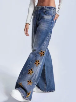 Jean large à fleurs découpées pour femme - Délavage moyen style vintage Y2K - Streetwear du festival de printemps 2026