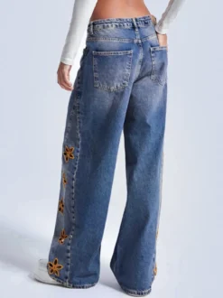 Jean large à fleurs découpées pour femme - Délavage moyen style vintage Y2K - Streetwear du festival de printemps 2026
