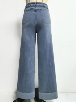 Jean large à revers pour femme - Denim droit bleu style western bohème taille haute coutures sur le devant - Collection printemps 2026