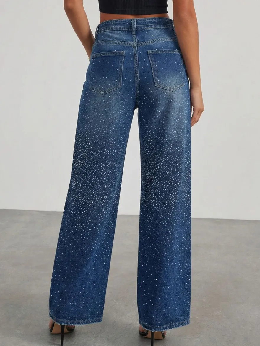 Jean large à strass pour femme - Bleu délavé coupe droite pailletée avec ceinture style années 2000 - Idéal pour une soirée printanière (2026)