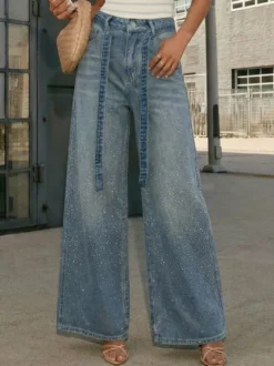 Jean large à strass pour femme - Bleu délavé coupe droite pailletée avec ceinture style années 2000 - Idéal pour une soirée printanière (2026)
