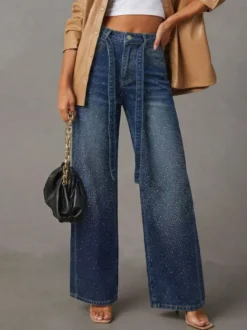 Jean large à strass pour femme - Bleu délavé coupe droite pailletée avec ceinture style années 2000 - Idéal pour une soirée printanière (2026)