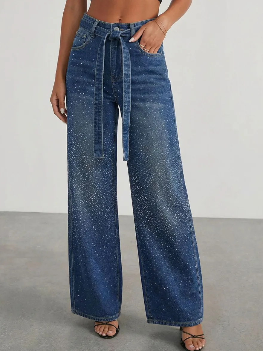 Jean large à strass pour femme - Bleu délavé coupe droite pailletée avec ceinture style années 2000 - Idéal pour une soirée printanière (2026)