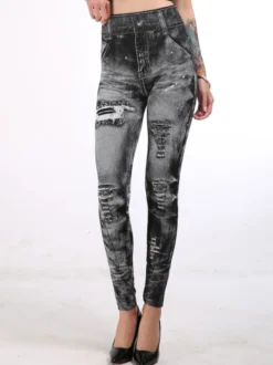 Jean Pantalons Déchirés Long Coupe Cintrée avec Poches Bicolores Pantalons Sexy