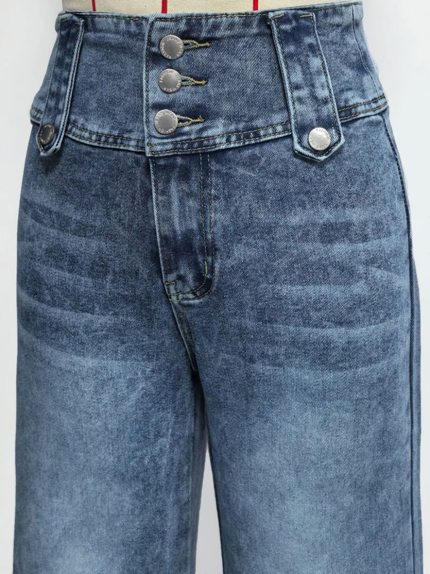 Jeans femme larges sexy en coton décontractés à boutons