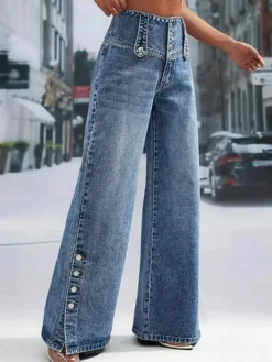 Jeans femme larges sexy en coton décontractés à boutons