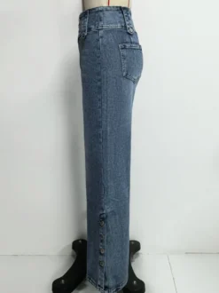 Jean taille haute à jambes larges pour femme - Pantalon en denim bleu moyen vintage à boutons latéraux et coupe décontractée - Style streetwear chic printemps 2026