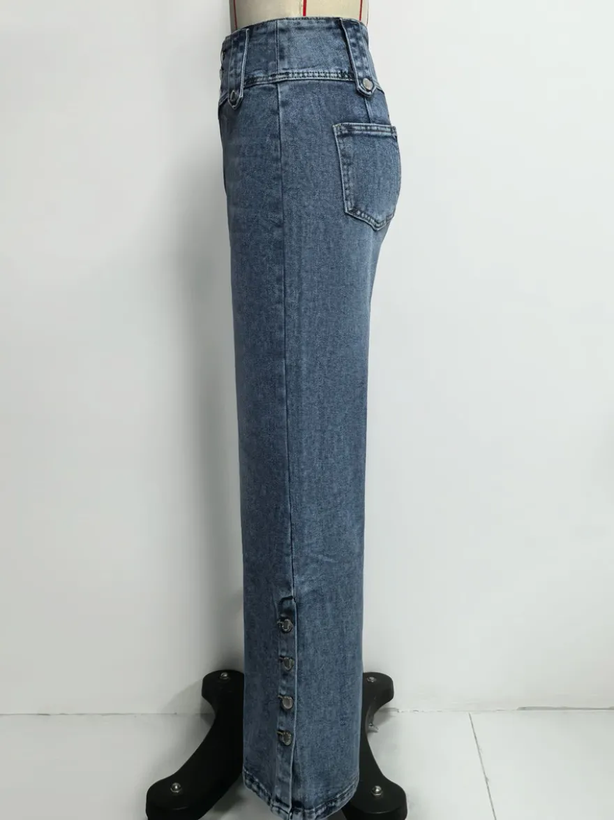 Jean taille haute à jambes larges pour femme - Pantalon en denim bleu moyen vintage à boutons latéraux et coupe décontractée - Style streetwear chic printemps 2026