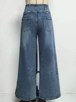 Jean taille haute à jambes larges pour femme - Pantalon en denim bleu moyen vintage à boutons latéraux et coupe décontractée - Style streetwear chic printemps 2026
