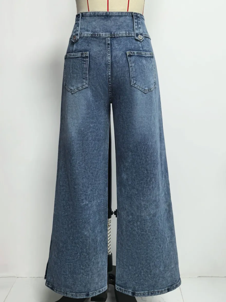 Jean taille haute à jambes larges pour femme - Pantalon en denim bleu moyen vintage à boutons latéraux et coupe décontractée - Style streetwear chic printemps 2026