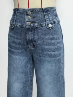 Jean taille haute à jambes larges pour femme - Pantalon en denim bleu moyen vintage à boutons latéraux et coupe décontractée - Style streetwear chic printemps 2026