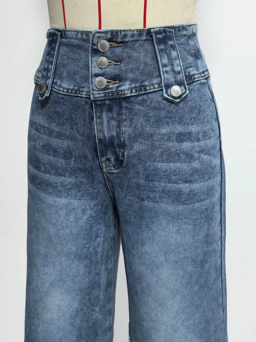 Jean taille haute à jambes larges pour femme - Pantalon en denim bleu moyen vintage à boutons latéraux et coupe décontractée - Style streetwear chic printemps 2026