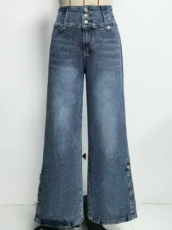 Jean taille haute à jambes larges pour femme - Pantalon en denim bleu moyen vintage à boutons latéraux et coupe décontractée - Style streetwear chic printemps 2026