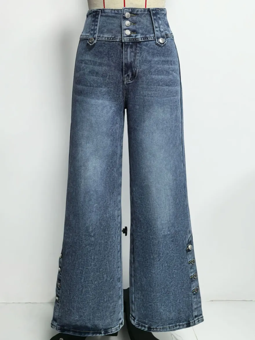 Jean taille haute à jambes larges pour femme - Pantalon en denim bleu moyen vintage à boutons latéraux et coupe décontractée - Style streetwear chic printemps 2026