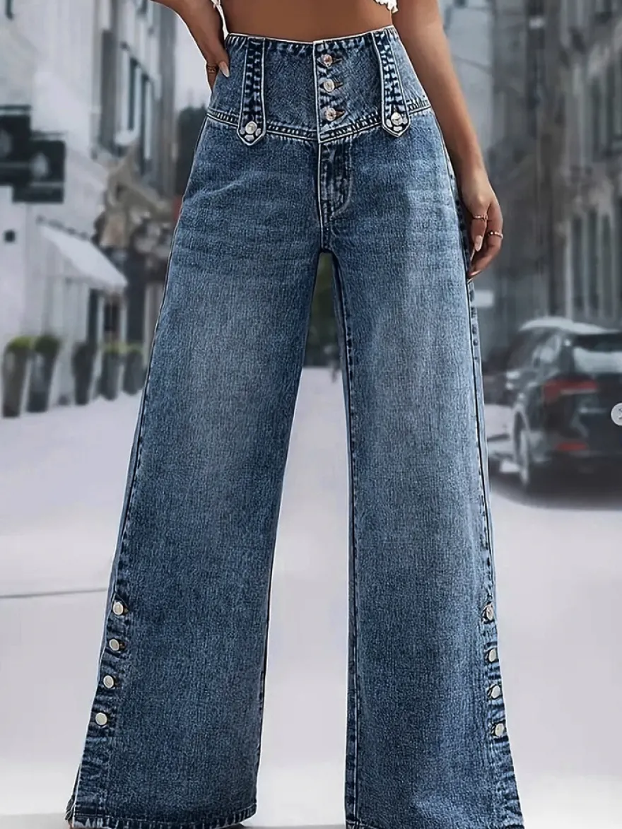 Jean taille haute à jambes larges pour femme - Pantalon en denim bleu moyen vintage à boutons latéraux et coupe décontractée - Style streetwear chic printemps 2026