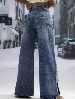 Jean taille haute à jambes larges pour femme - Pantalon en denim bleu moyen vintage à boutons latéraux et coupe décontractée - Style streetwear chic printemps 2026