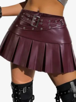 Jupe courte en similicuir auburn naturel à taille haute style chic automne pour femme