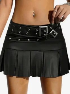 Jupe courte en similicuir auburn naturel à taille haute style chic automne pour femme
