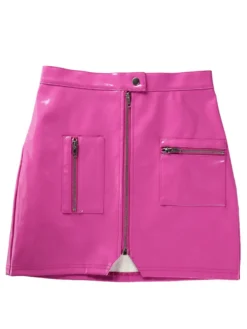 Jupe Courte Moulante Femme en Cuir Synthétique Vernis Sexy Coupe Cintrée à Zip avec Poches Unicolore