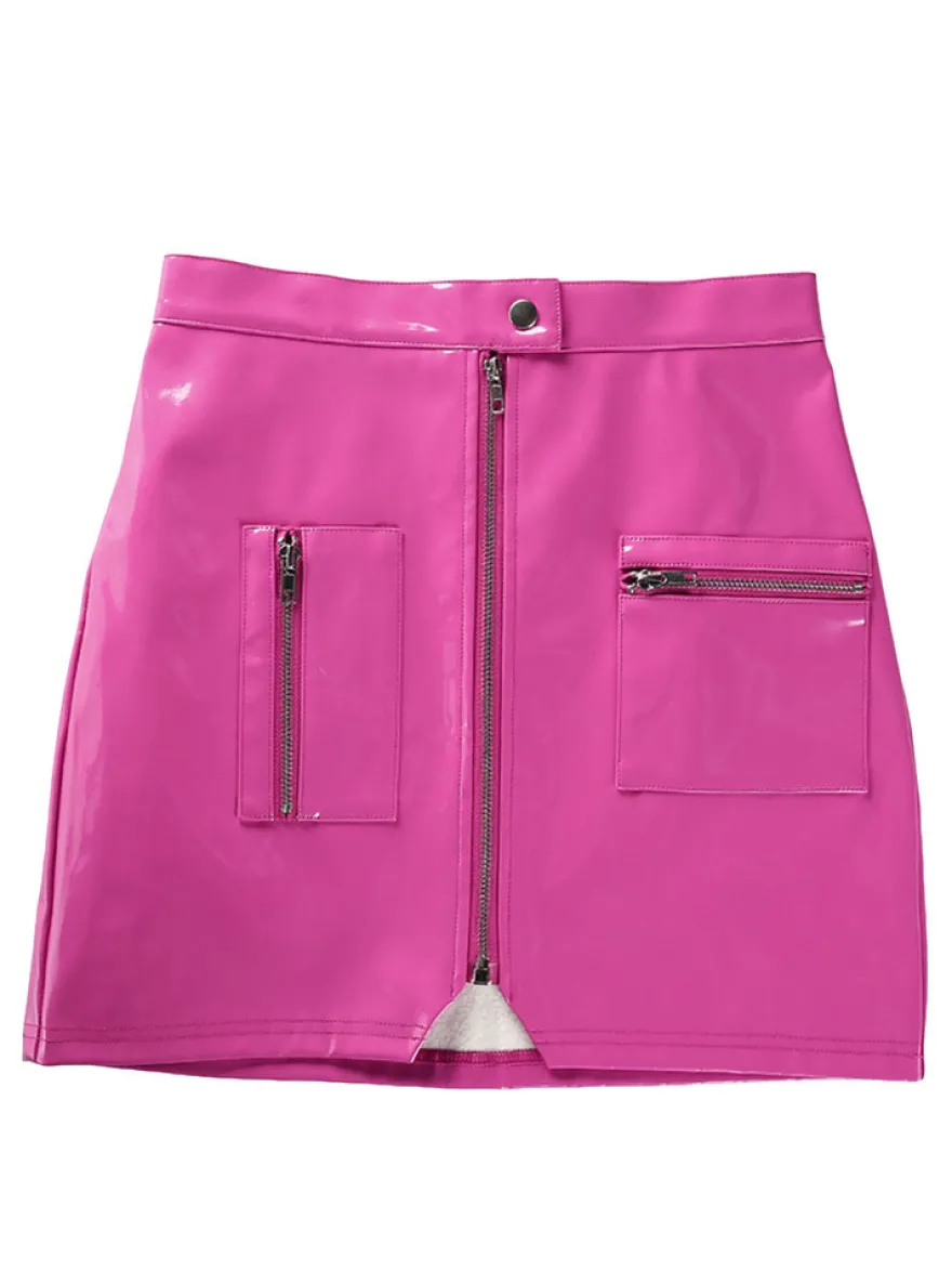 Jupe Courte Moulante Femme en Cuir Synthétique Vernis Sexy Coupe Cintrée à Zip avec Poches Unicolore