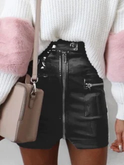 Jupe Courte Moulante Femme en Cuir Synthétique Vernis Sexy Coupe Cintrée à Zip avec Poches Unicolore