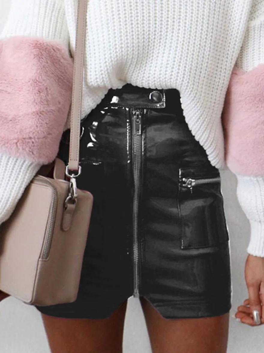 Jupe Courte Moulante Femme en Cuir Synthétique Vernis Sexy Coupe Cintrée à Zip avec Poches Unicolore