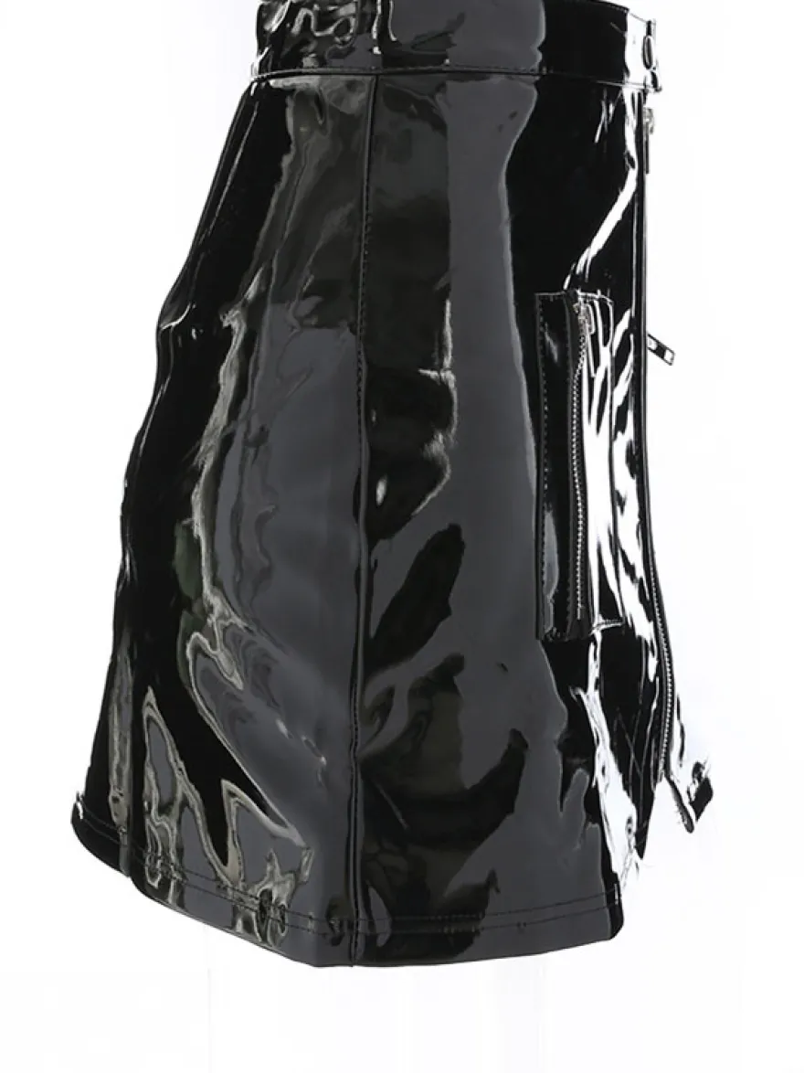 Jupe Courte Moulante Femme en Cuir Synthétique Vernis Sexy Coupe Cintrée à Zip avec Poches Unicolore