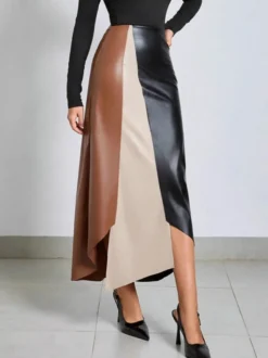 Jupe en similicuir taille haute et fente asymétrique pour femme 2026