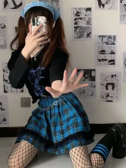 Jupe Lolita Mini-jupe à carreaux avec bordure en dentelle superposée