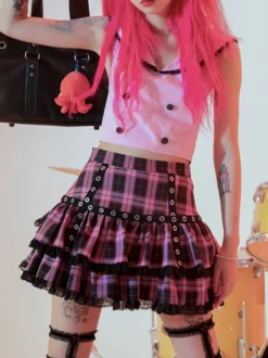 Jupe Lolita Mini-jupe à carreaux avec bordure en dentelle superposée