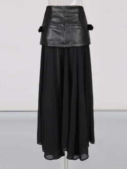 Jupe longue asymétrique portefeuille en mousseline de soie à taille ceinturée en similicuir et empiècements en PU