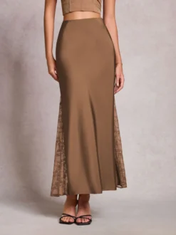 Jupe longue d'été élégante en satin vert taille naturelle pour femme