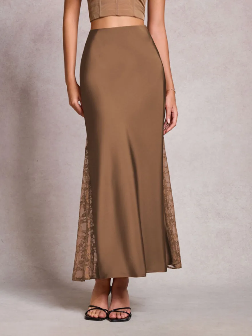Jupe longue d'été élégante en satin vert taille naturelle pour femme