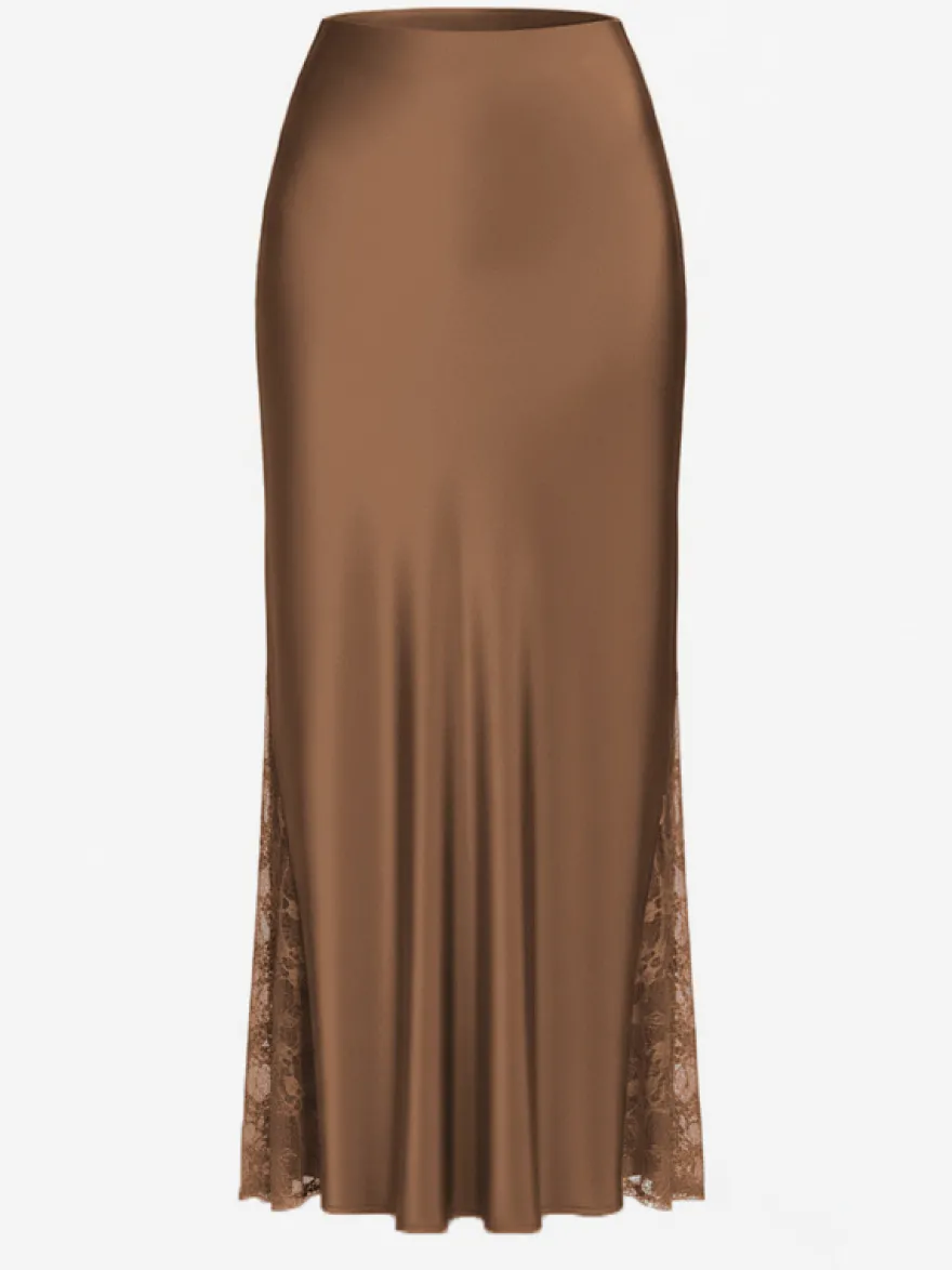 Jupe longue d'été élégante en satin vert taille naturelle pour femme
