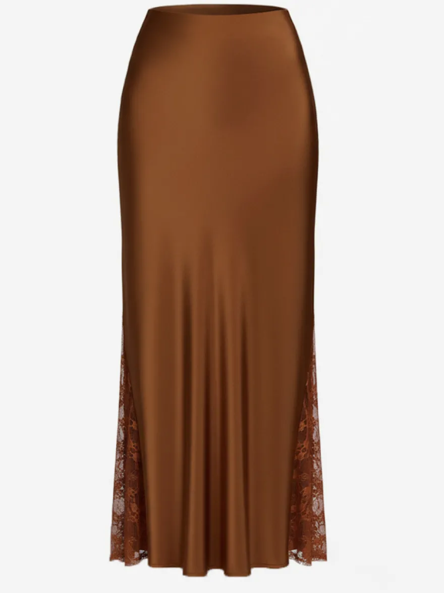 Jupe longue d'été élégante en satin vert taille naturelle pour femme