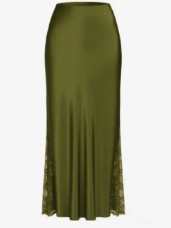 Jupe longue d'été élégante en satin vert taille naturelle pour femme
