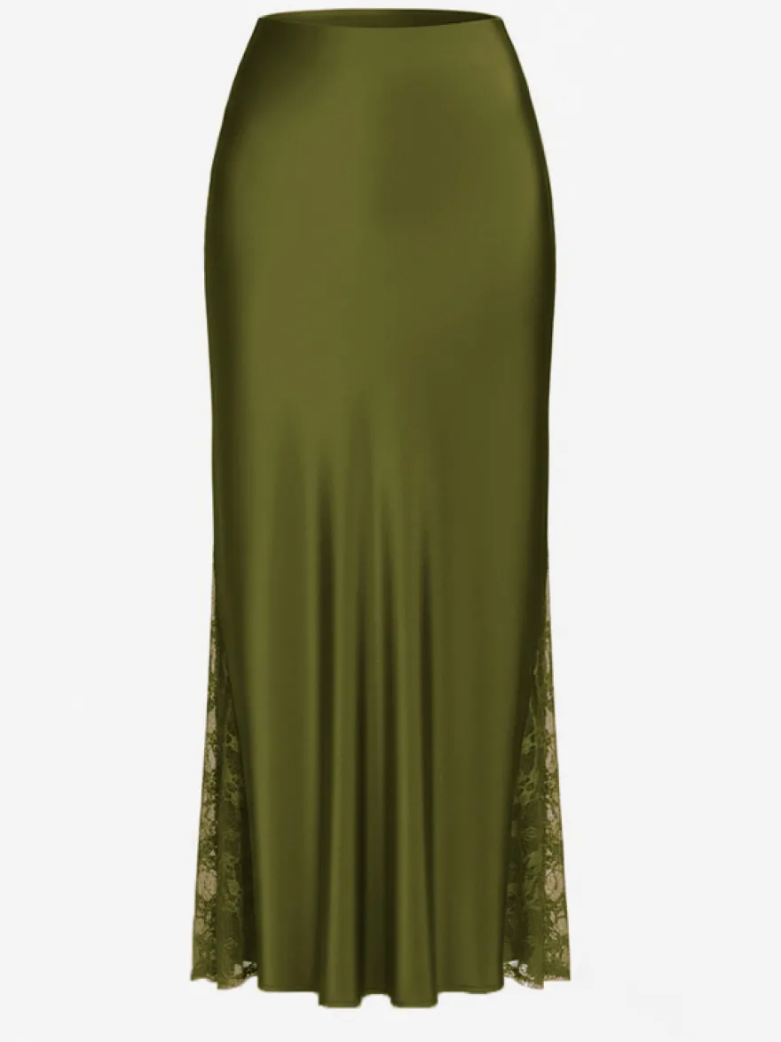 Jupe longue d'été élégante en satin vert taille naturelle pour femme