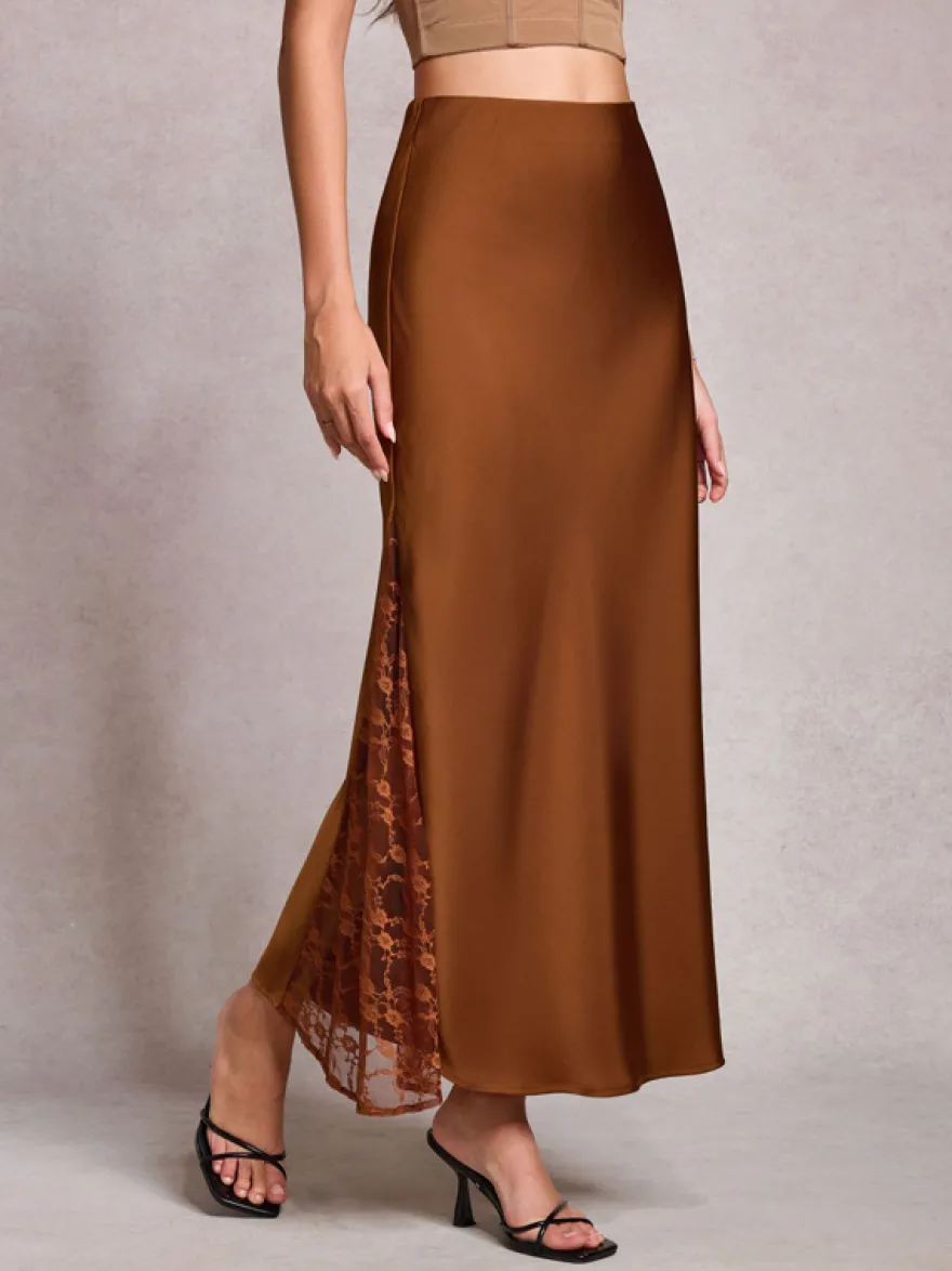 Jupe longue d'été élégante en satin vert taille naturelle pour femme