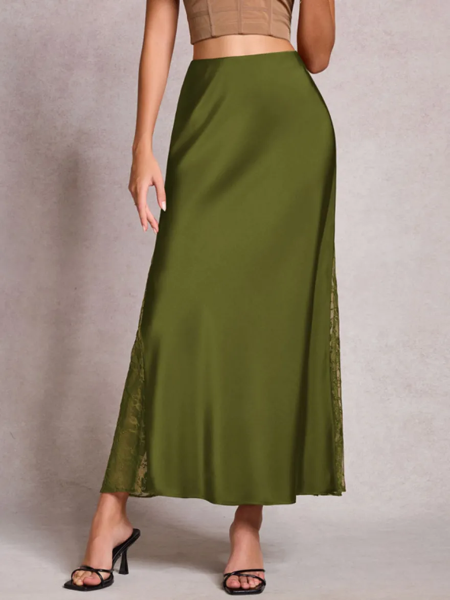 Jupe longue d'été élégante en satin vert taille naturelle pour femme