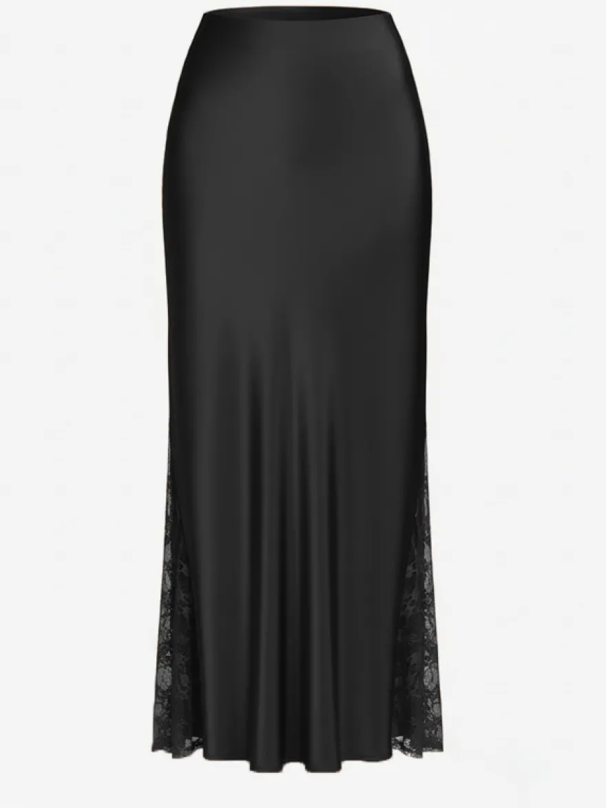 Jupe longue d'été élégante en satin vert taille naturelle pour femme