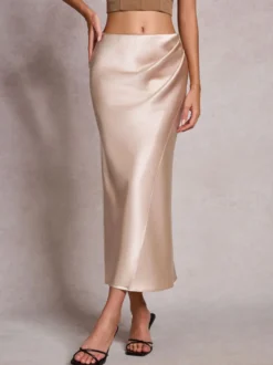 Jupe longue d'été élégante en satin blanc écru taille naturelle pour femme