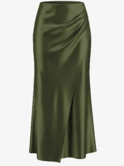 Jupe longue d'été élégante en satin blanc écru taille naturelle pour femme