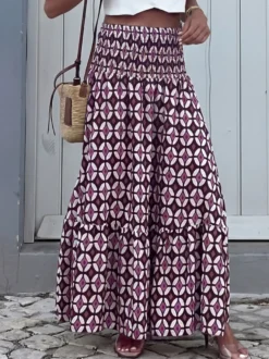 Jupe longue maxi bohème à imprimé géométrique taille haute smockée et volants