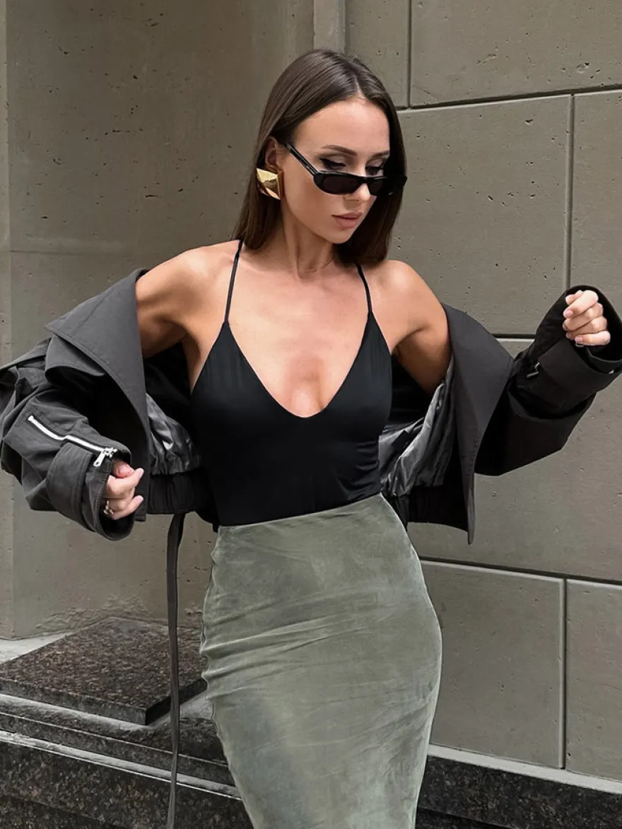 Jupe longue sirène moulante taille haute en faux daim extensible